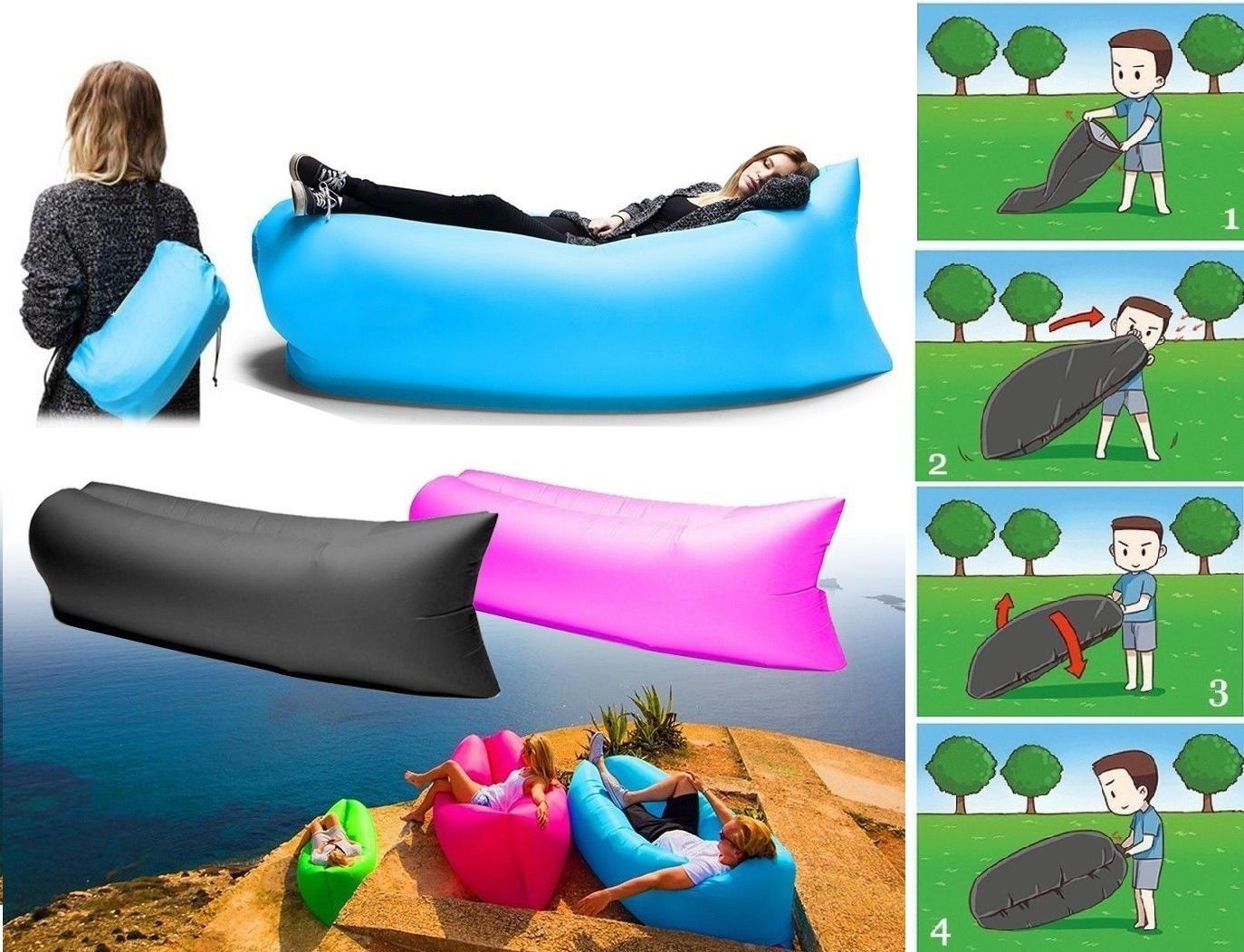 Divano gonfiabile da spiaggia blu con cuscino nero, per rilassarsi all’aperto.