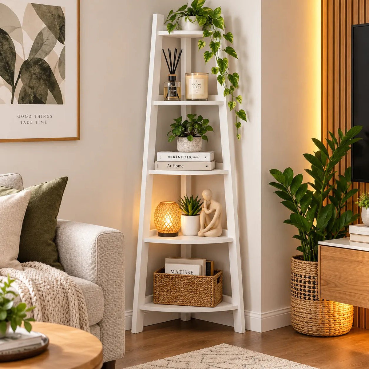 Libreria Angolare Salvaspazio a 5 Ripiani 106 cm – Scaffale da Angolo Bianco per Libri, Piante e Arredo Casa/Ufficio - | Prendilo Subito