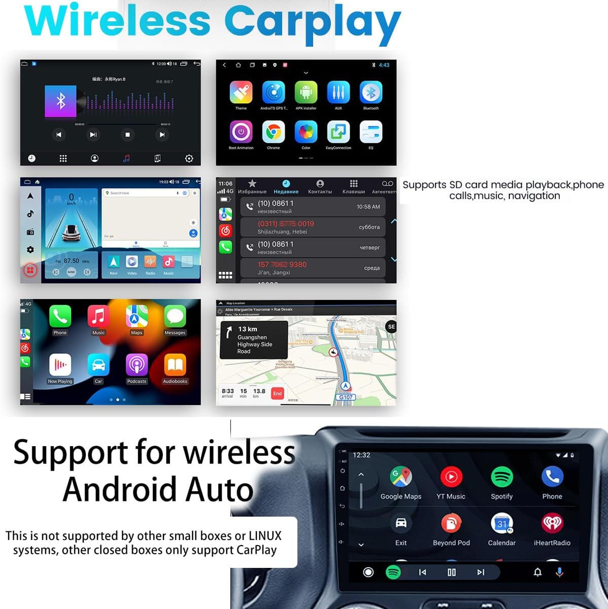 Adattatore CarPlay wireless nero per auto con interfaccia app sullo schermo