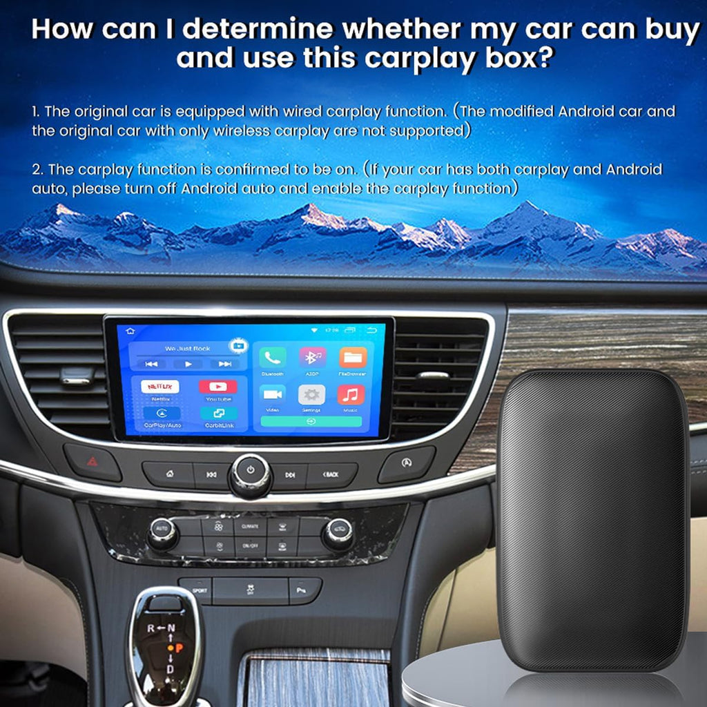 Scatola CarPlay wireless nera per auto posizionata sul lato del cruscotto