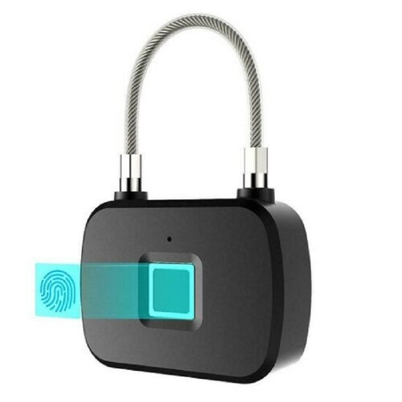 Lucchetto smart con impronta digitale, corpo nero, lettore con icona impronte e luce blu