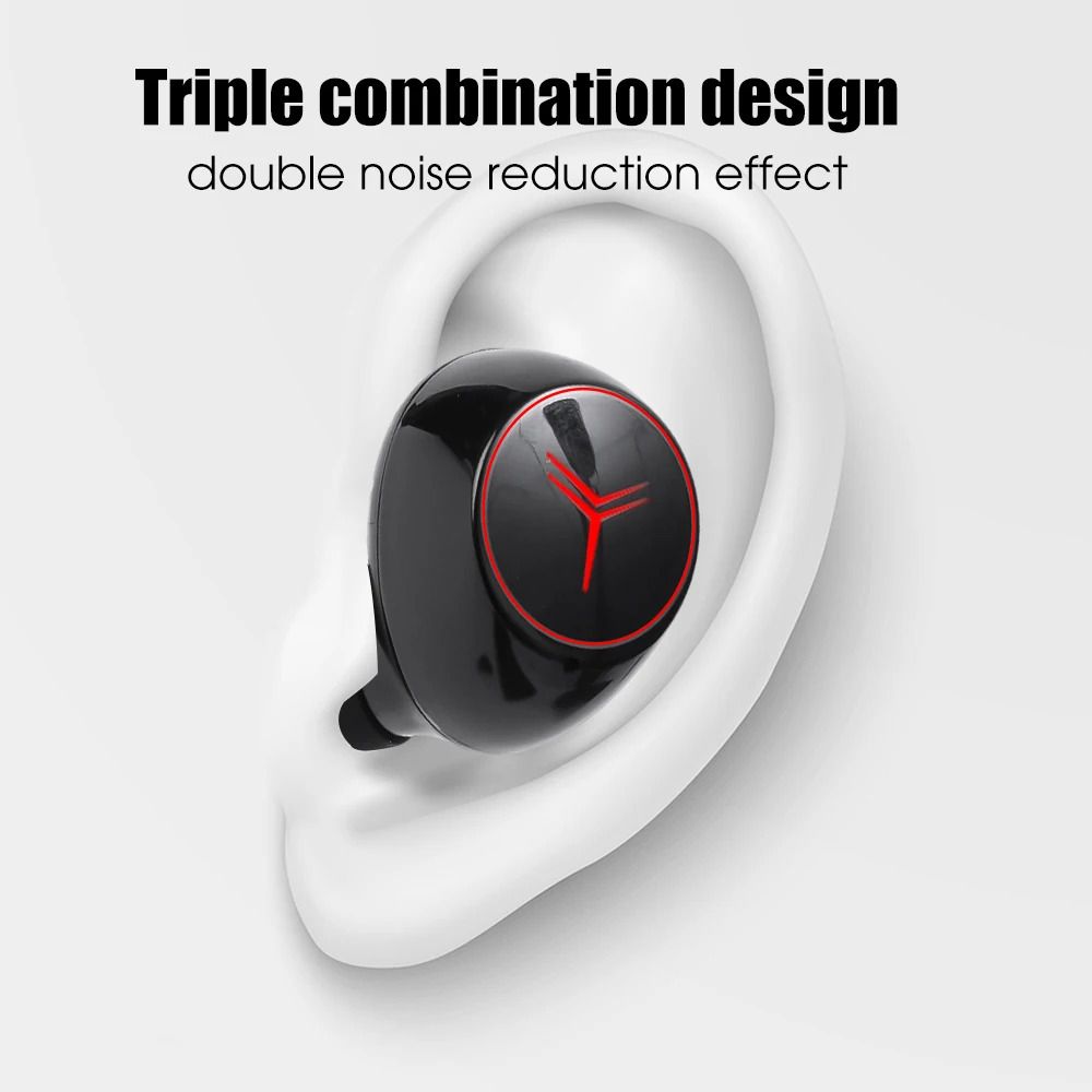 Auricolare TWS nero con anello rosso e microfono, forma ergonomica.