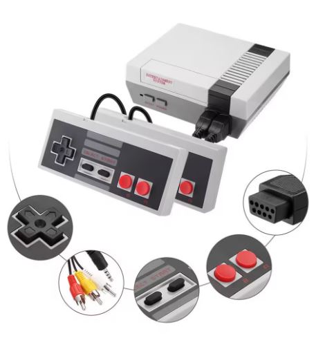 Console retrò portatile bianca con due controller e pulsanti rossi