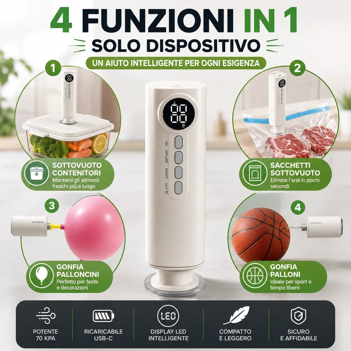 Macchina Sottovuoto Portatile Senza Fili Ricaricabile USB con Display LED Digitale | Sigillatrice Sottovuoto per Alimenti Umidi e Secchi Wet & Dry - | Prendilo Subito