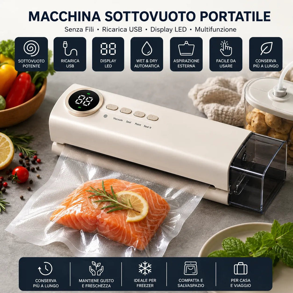 Macchina Sottovuoto Portatile Senza Fili Ricaricabile USB con Display LED Digitale | Sigillatrice Sottovuoto per Alimenti Umidi e Secchi Wet & Dry - | Prendilo Subito