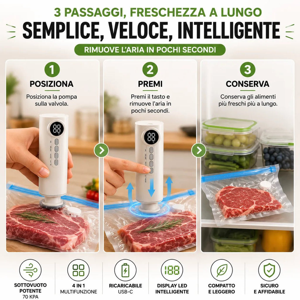 Macchina Sottovuoto Portatile Senza Fili Ricaricabile USB con Display LED Digitale | Sigillatrice Sottovuoto per Alimenti Umidi e Secchi Wet & Dry - | Prendilo Subito