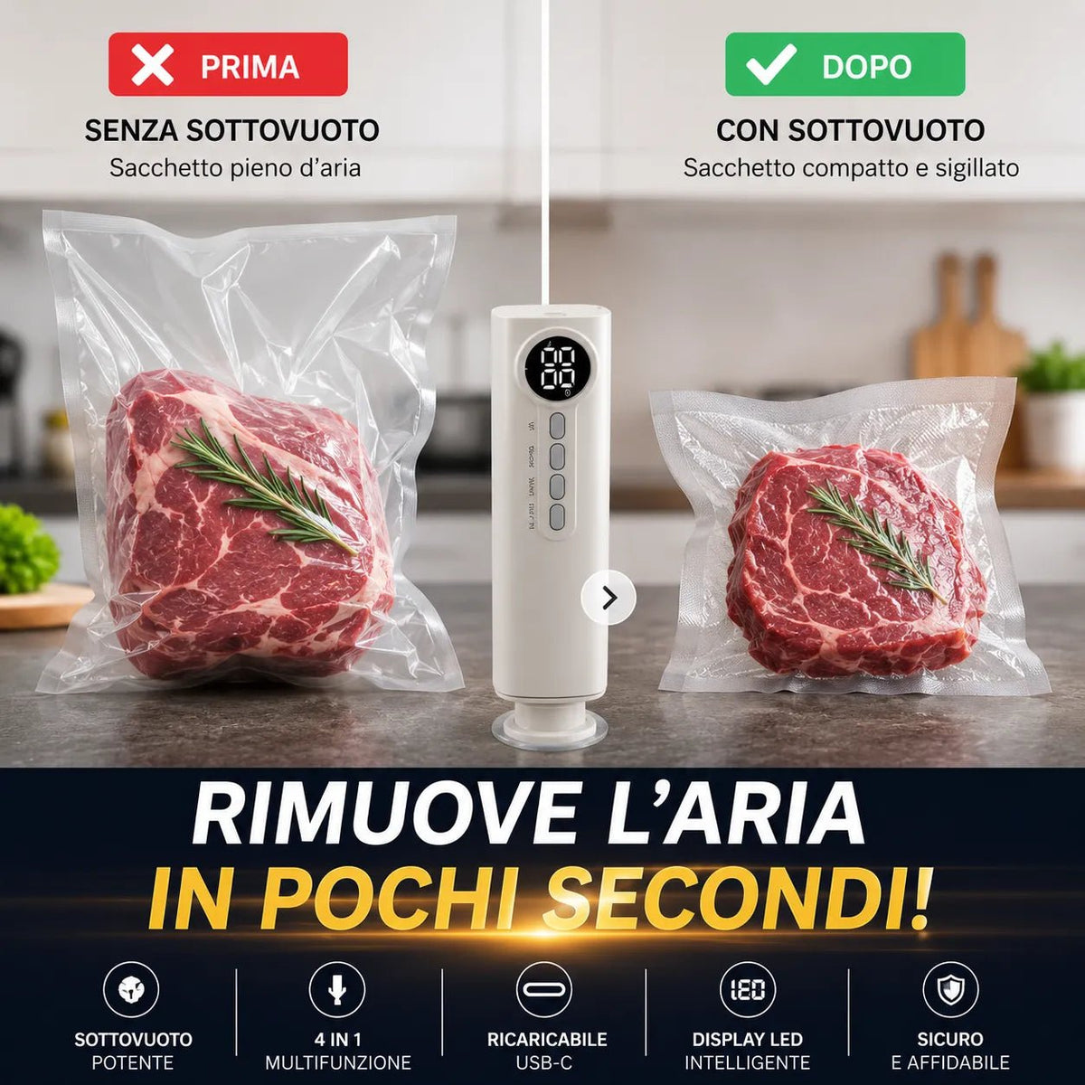 Macchina Sottovuoto Portatile Senza Fili Ricaricabile USB con Display LED Digitale | Sigillatrice Sottovuoto per Alimenti Umidi e Secchi Wet & Dry - | Prendilo Subito