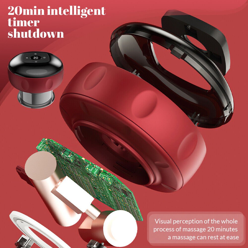 Dispositivo a coppettazione rosso con timer, vista laterale e base in metallo