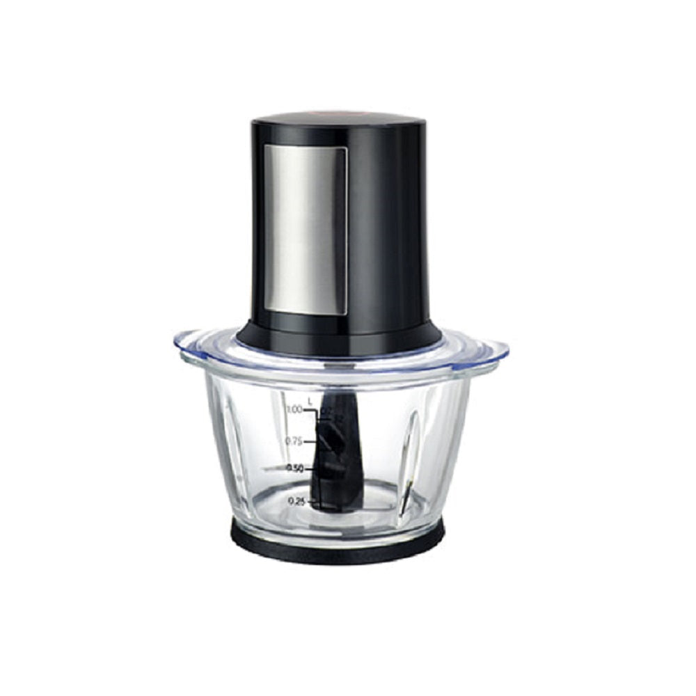 Tritatutto con caraffa trasparente e base nera, pulsante centrale