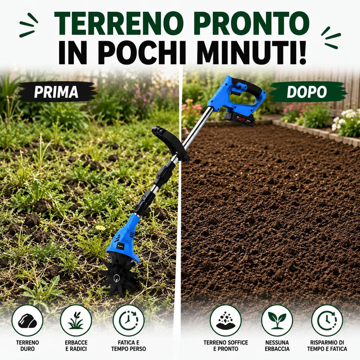 Micro Tiller a Batteria 48VF Mukins NL-3578 – Coltivatore Elettrico Cordless, Asta Regolabile e Pieghevole, 350W, 300 giri/min - | Prendilo Subito