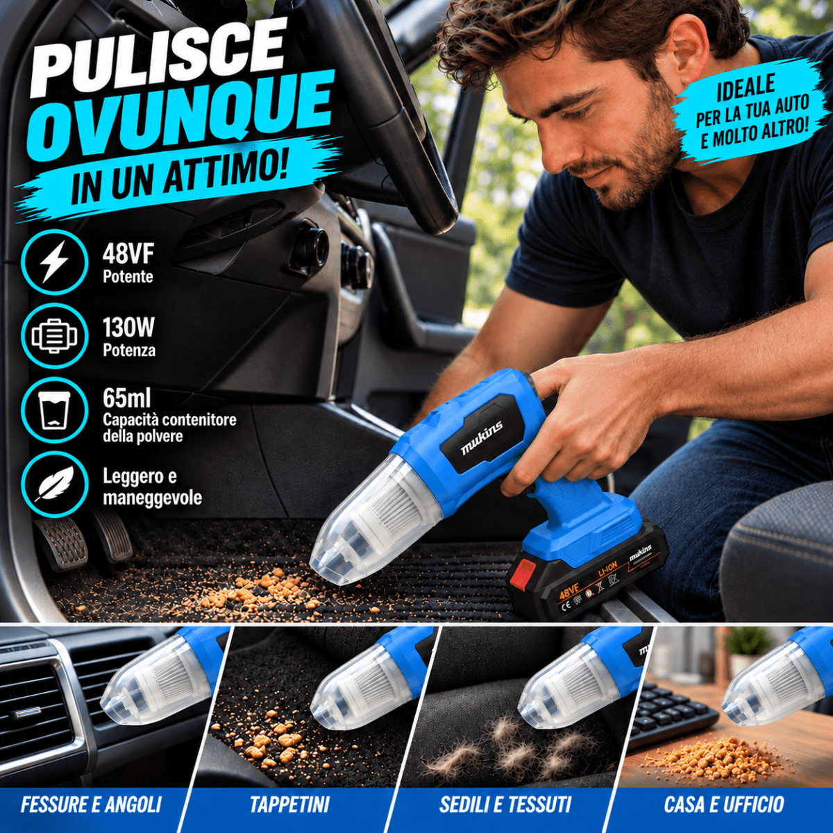 Mini Aspirapolvere Portatile a Batteria Rimovibile 130W – Elettrico Senza Fili per Auto, Casa, Divani e Tastiere, Contenitore Polvere da 65 ml - | Prendilo Subito