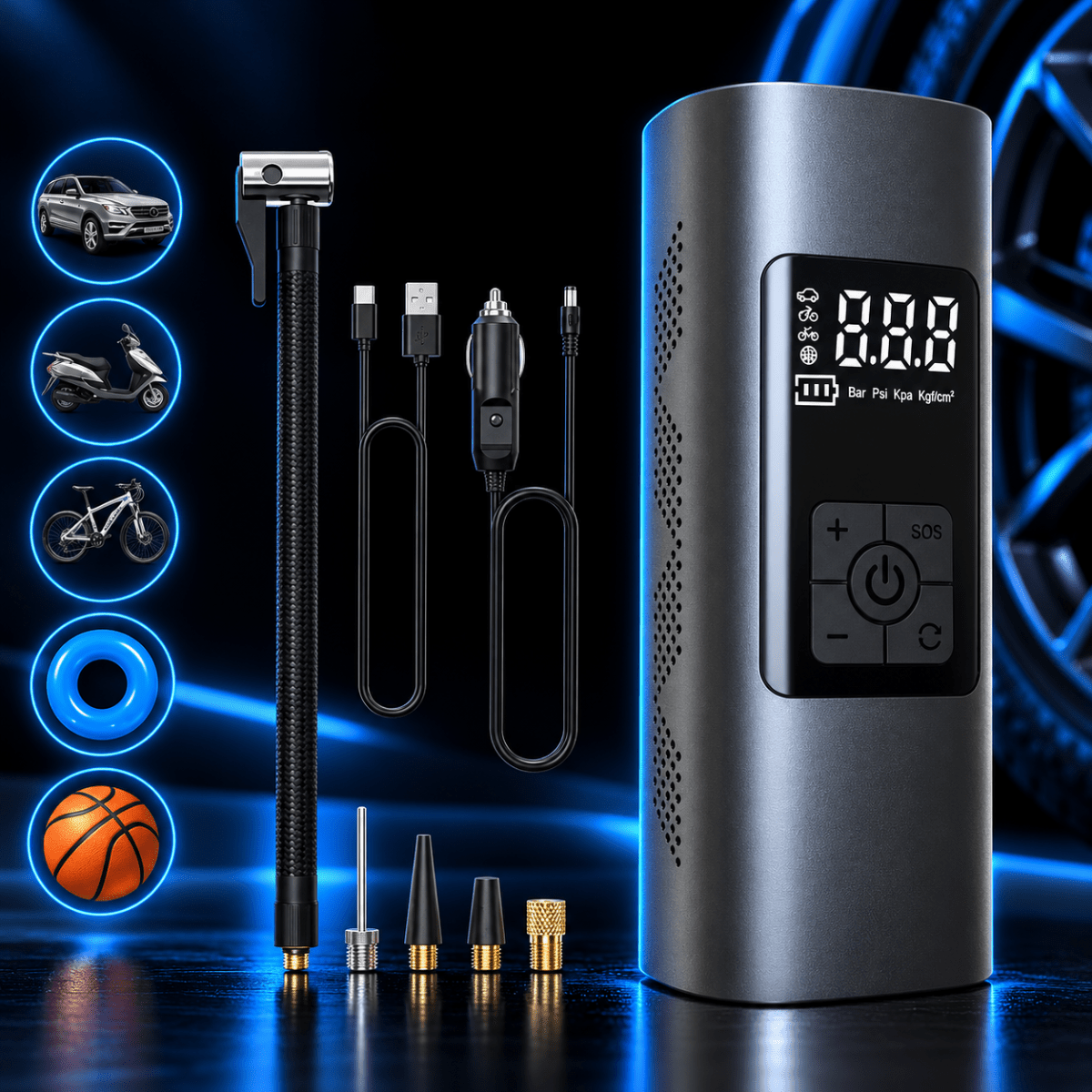 Mini Compressore Aria Portatile Elettrico Digitale con Display LCD, Gonfiatore per Pneumatici Auto, Moto, Bici e Palloni – Pompa con Batteria Ricaricabile, Funzione SOS e Accessori Inclusi - | Prendilo Subito