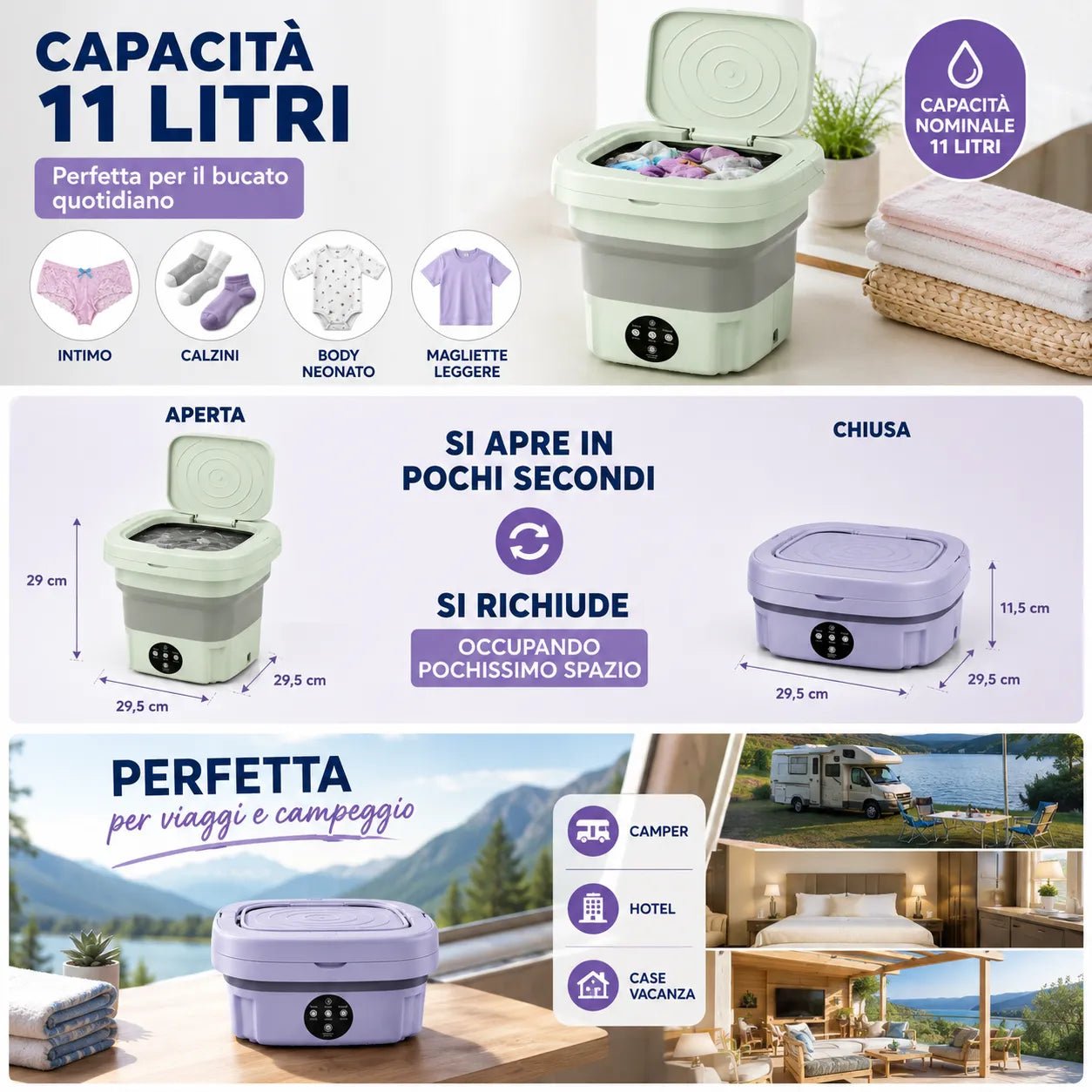 Mini Lavatrice Pieghevole Portatile 11L Multifunzione | Lavatrice Compatta da Campeggio e Viaggio | Cestello di Scarico Incluso - | Prendilo Subito