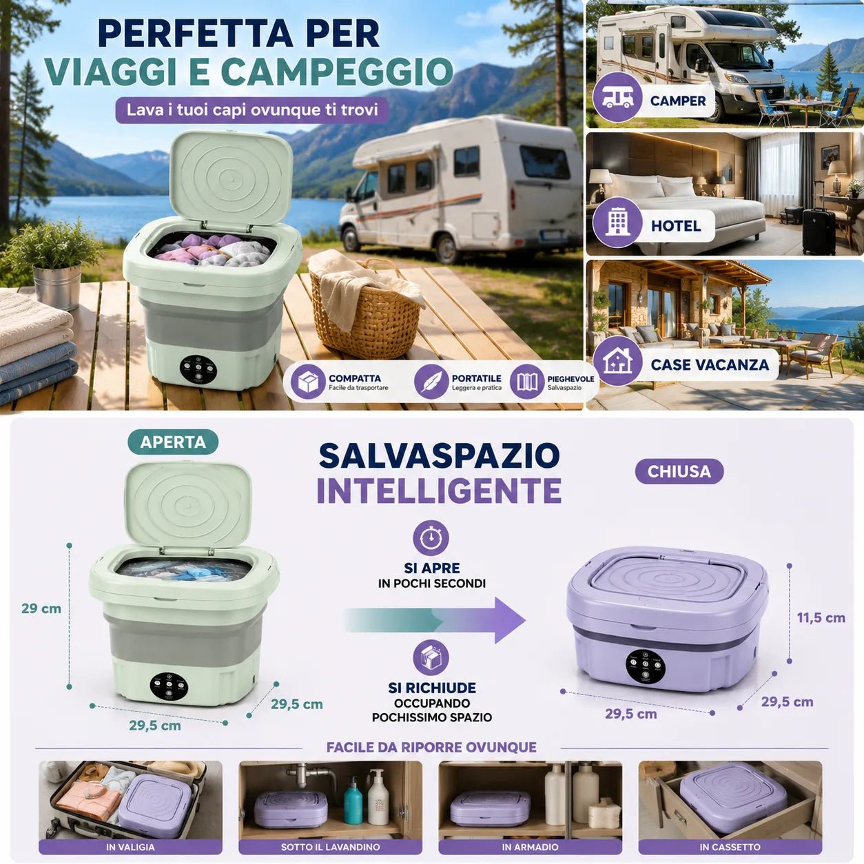 Mini Lavatrice Pieghevole Portatile 11L Multifunzione | Lavatrice Compatta da Campeggio e Viaggio | Cestello di Scarico Incluso - | Prendilo Subito