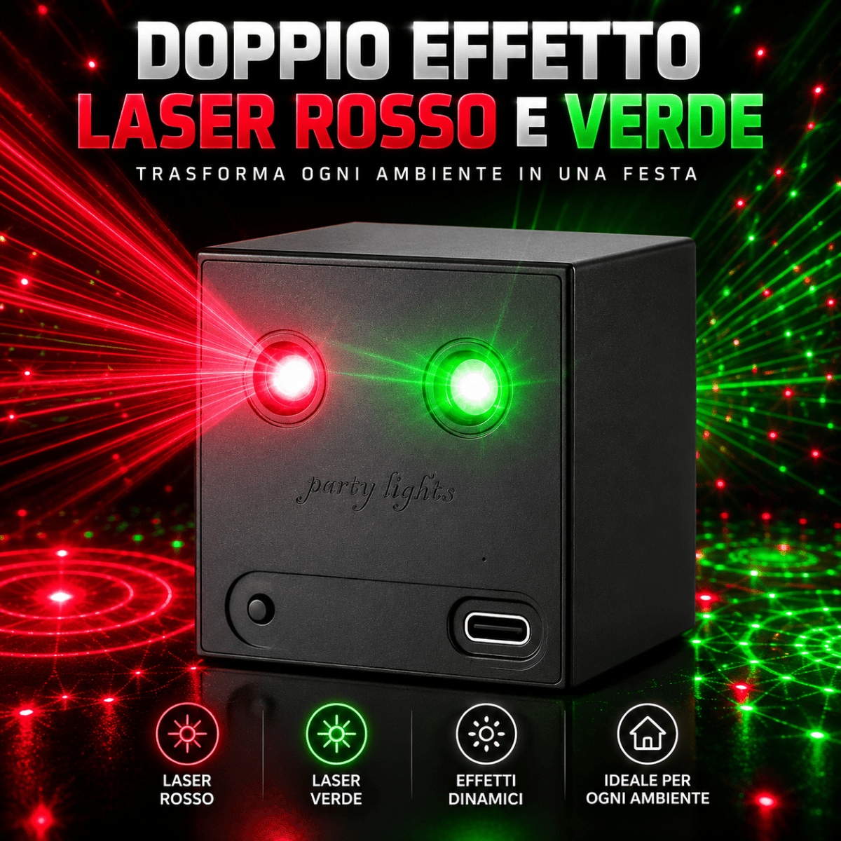 Mini Proiettore Laser Discoteca RGB Rosso e Verde con 32 Motivi e 64 Effetti Dinamici – Luce Party LED con Effetti Stelle, Cerchi e Disegni Luminosi per Feste, DJ, Karaoke e Discoteca - | Prendilo Subito