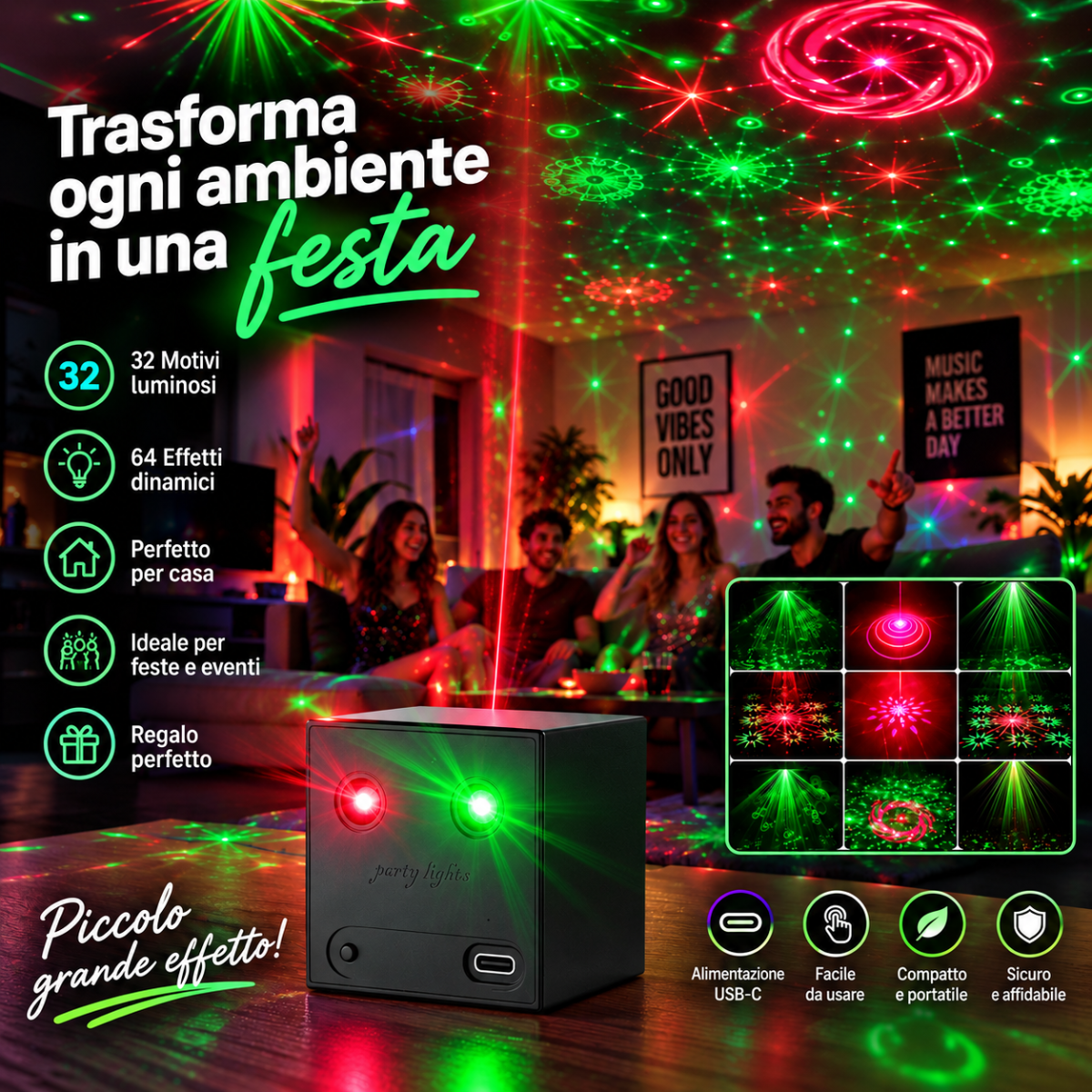 Mini Proiettore Laser Discoteca RGB Rosso e Verde con 32 Motivi e 64 Effetti Dinamici – Luce Party LED con Effetti Stelle, Cerchi e Disegni Luminosi per Feste, DJ, Karaoke e Discoteca - | Prendilo Subito
