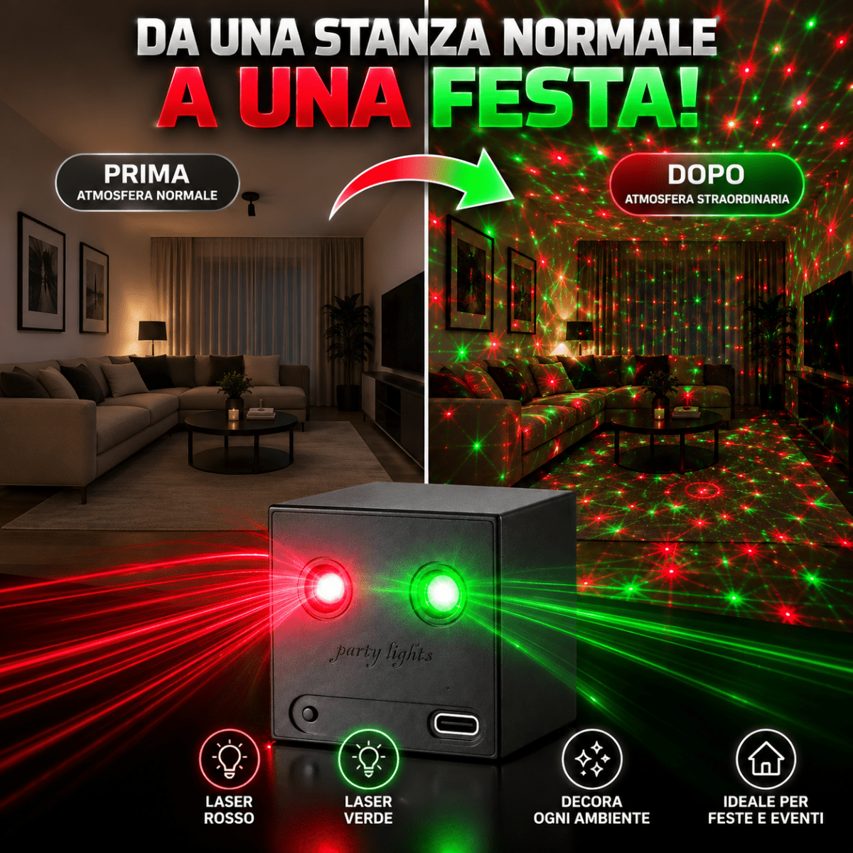 Mini Proiettore Laser Discoteca RGB Rosso e Verde con 32 Motivi e 64 Effetti Dinamici – Luce Party LED con Effetti Stelle, Cerchi e Disegni Luminosi per Feste, DJ, Karaoke e Discoteca - | Prendilo Subito
