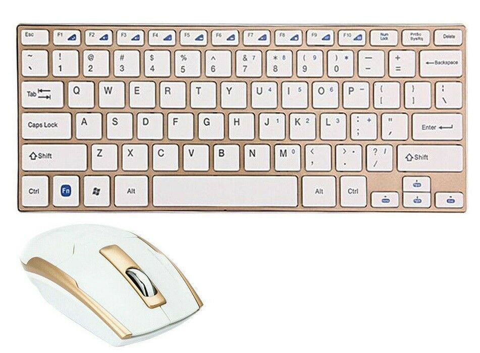 Mini tastiera wireless compatta con mouse bianco e cornice beige, layout QWERTY