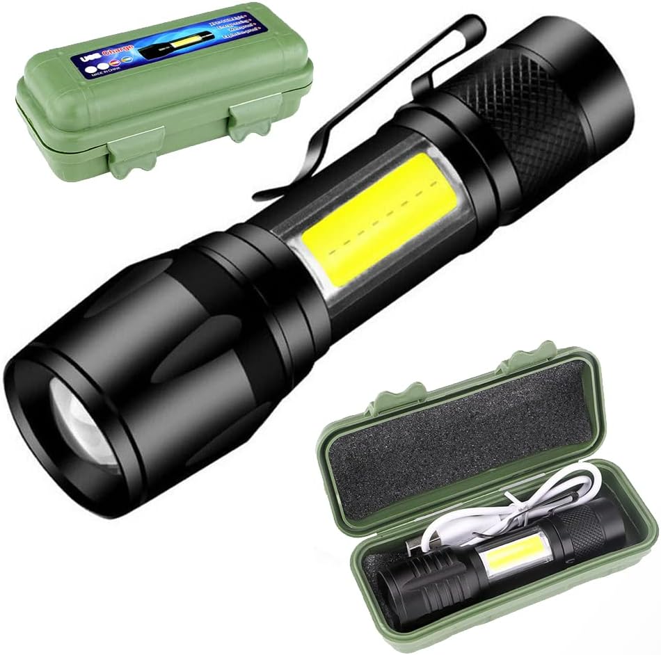 Torcia LED tascabile nera con custodia verde, luce gialla COB