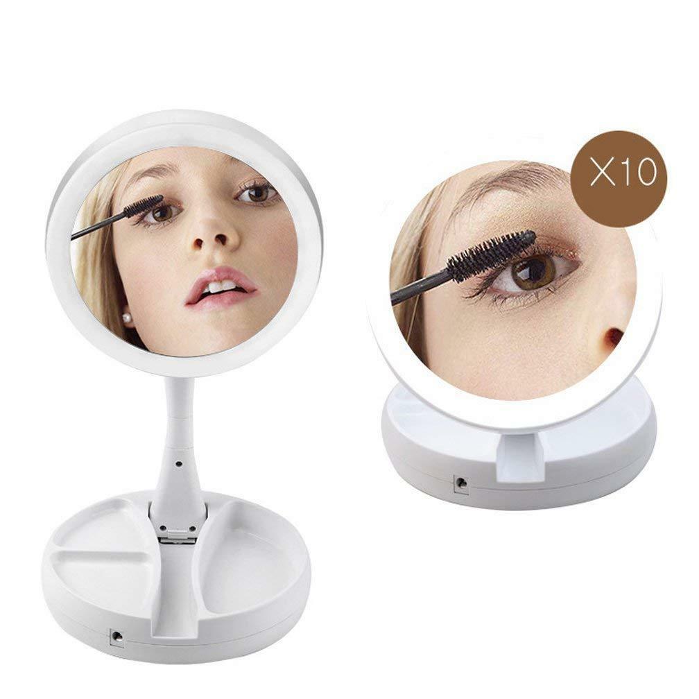 Specchio rotondo da trucco bianco con supporto pieghevole e luce LED ad anello