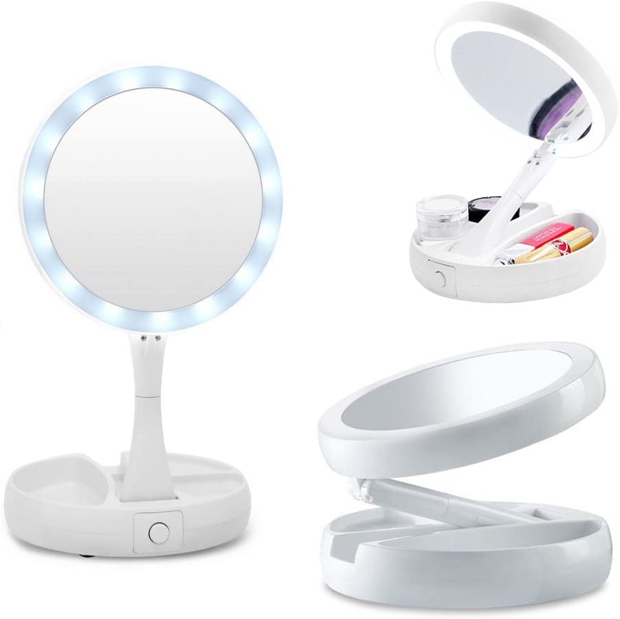 Specchio doppio trucco bianco con luci LED ad anello e supporto pieghevole