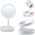 Specchio doppio trucco bianco con luci LED ad anello e supporto pieghevole