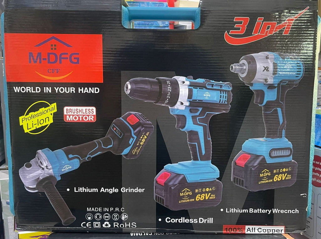 Confezione kit 3 in 1 con trapano, smerigliatrice e batteria Li-ion 68V