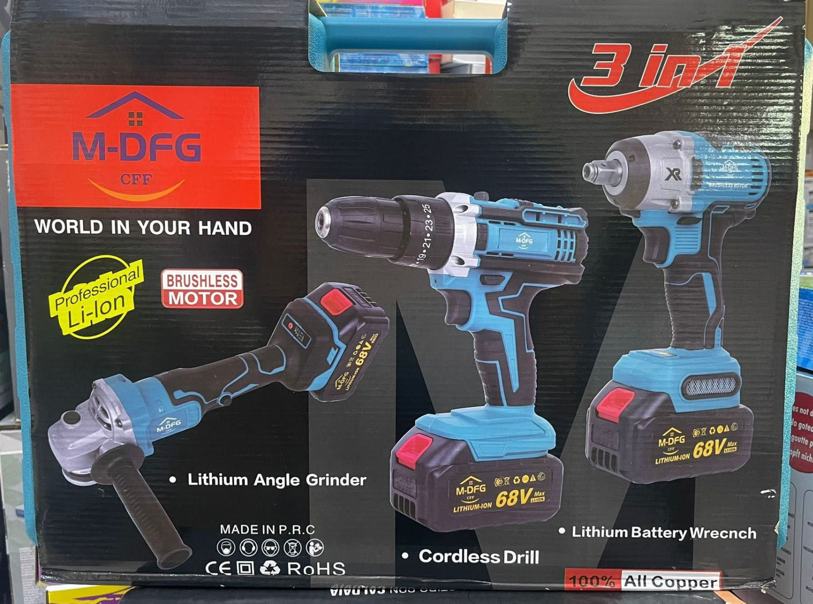 Confezione kit 3 in 1 con trapano, smerigliatrice e batteria Li-ion 68V