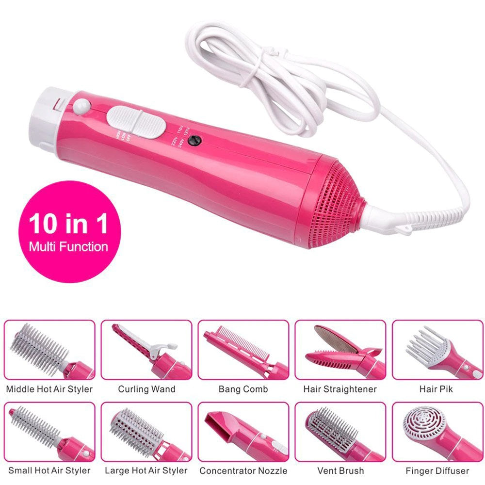 Asciugacapelli 10 in 1 fucsia con manico lungo, cavo e accessori