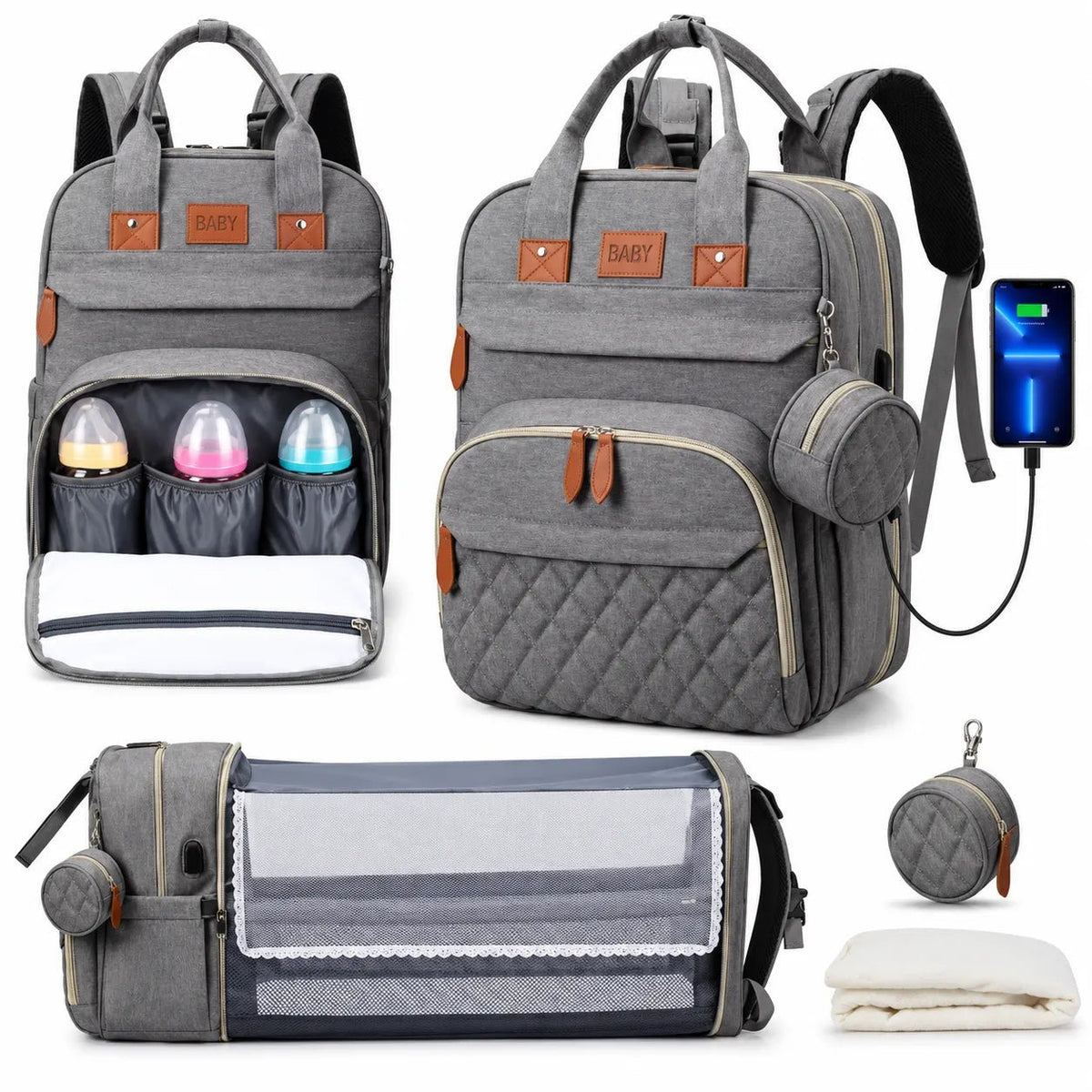 Nuvéa® MomBag 3in1 – Zaino Mamma Multifunzione Porta Biberon, Portaciuccio, Porta USB e Accessori – Nero, Grigio e Blu - | Prendilo Subito