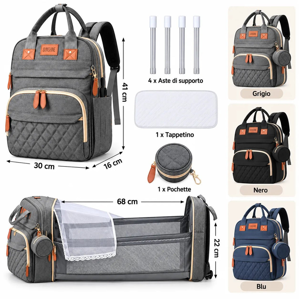 Nuvéa® MomBag 3in1 – Zaino Mamma Multifunzione Porta Biberon, Portaciuccio, Porta USB e Accessori – Nero, Grigio e Blu - | Prendilo Subito