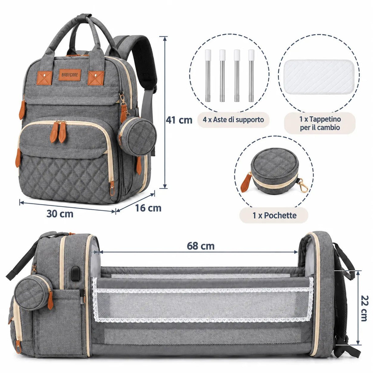 Nuvéa® MomBag 3in1 – Zaino Mamma Multifunzione Porta Biberon, Portaciuccio, Porta USB e Accessori – Nero, Grigio e Blu - | Prendilo Subito