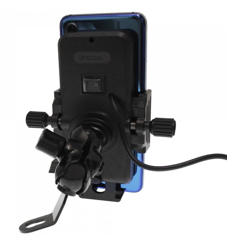 Supporto smartphone da moto nero con attacco manubrio e alloggiamento telefono sul retro