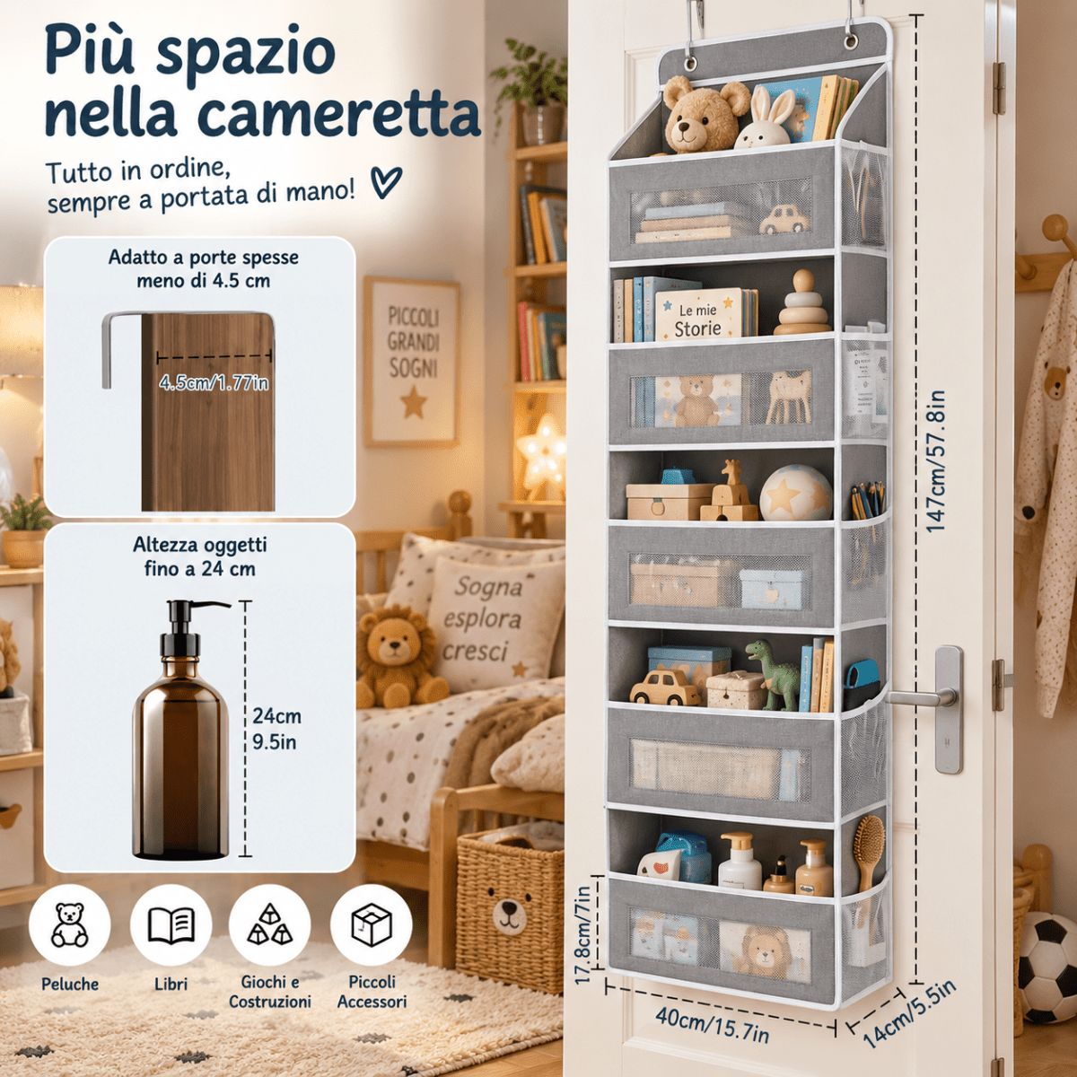 Organizer da Porta Salvaspazio 10 Tasche – Portaoggetti Sospeso con 5 Scomparti Frontali e 5 Tasche Laterali in Rete, 147 × 40 × 14 cm - | Prendilo Subito