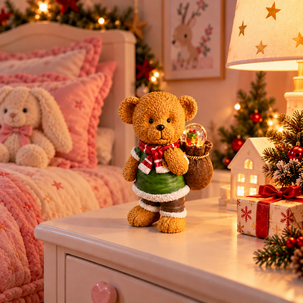 Decorazione orsetto natalizio con sfera LED nel sacco, sciarpa rossa e gilet verde