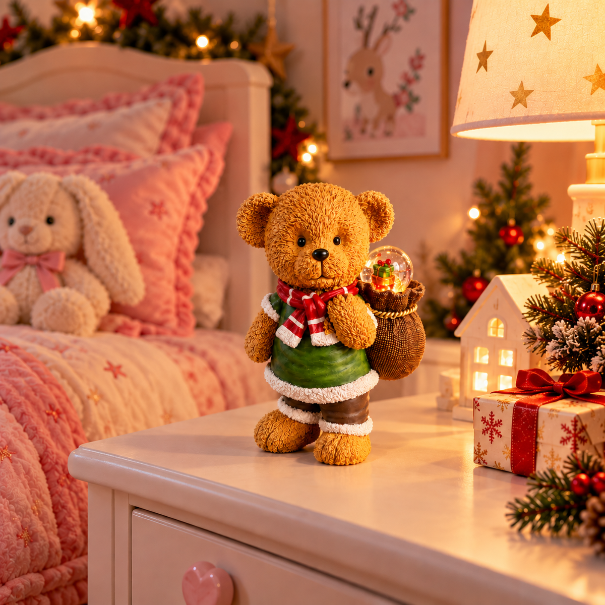Decorazione orsetto natalizio con sfera LED nel sacco, sciarpa rossa e gilet verde