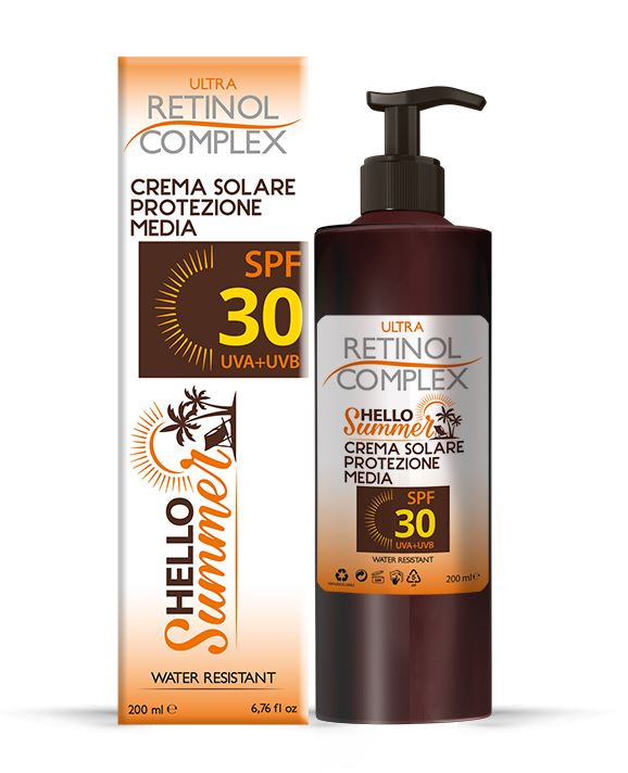 Crema solare con retinolo: flacone scuro con pompa nera, confezione SPF 30