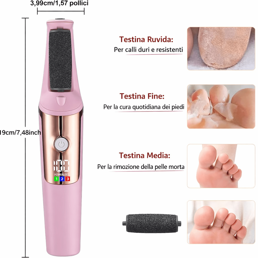 Pedicure Elettrico Professionale per Piedi – Lima Elettrica per Calli e Talloni – Rimuovi Pelle Morta – 3 Rulli Abrasivi – Display LED – Luce LED – Ricarica USB - | Prendilo Subito