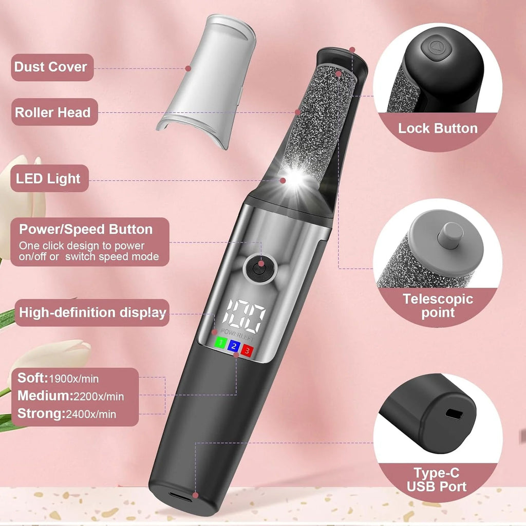Pedicure Elettrico Professionale per Piedi – Lima Elettrica per Calli e Talloni – Rimuovi Pelle Morta – 3 Rulli Abrasivi – Display LED – Luce LED – Ricarica USB - | Prendilo Subito