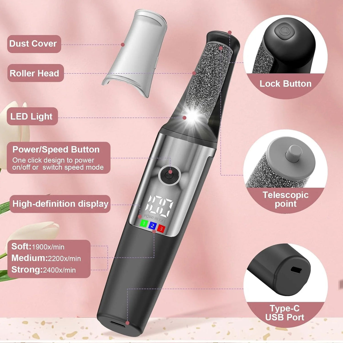 Pedicure Elettrico Professionale per Piedi – Lima Elettrica per Calli e Talloni – Rimuovi Pelle Morta – 3 Rulli Abrasivi – Display LED – Luce LED – Ricarica USB - | Prendilo Subito