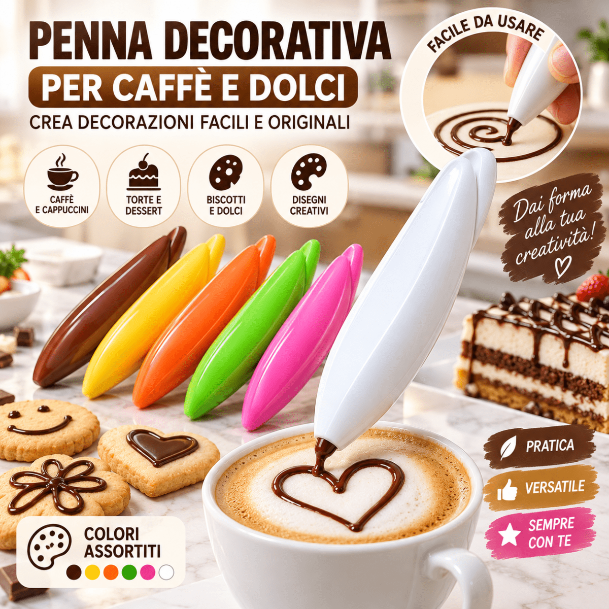 Penna Decorativa Alimentare per Caffè, Cappuccino, Latte e Dolci, Dosatore per Disegni con Cioccolato e Creme, Capacità 3,5 ml – Colori Assortiti - | Prendilo Subito