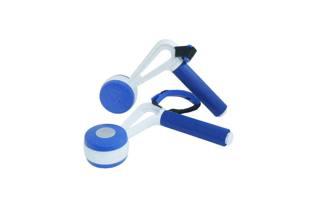 Attrezzo da allenamento con supporto bianco, impugnature blu e pesi circolari