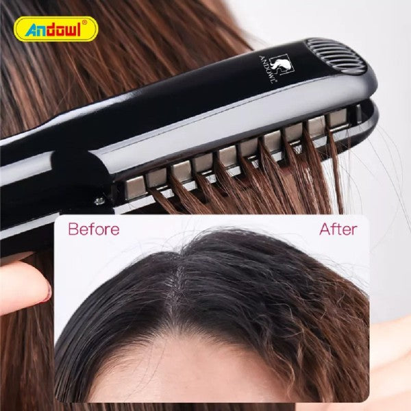 Piastra per capelli nera con griglia a denti in uso su ciocche di capelli