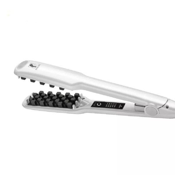 Piastra per capelli ondulati bianca con griglia nera e display a LED