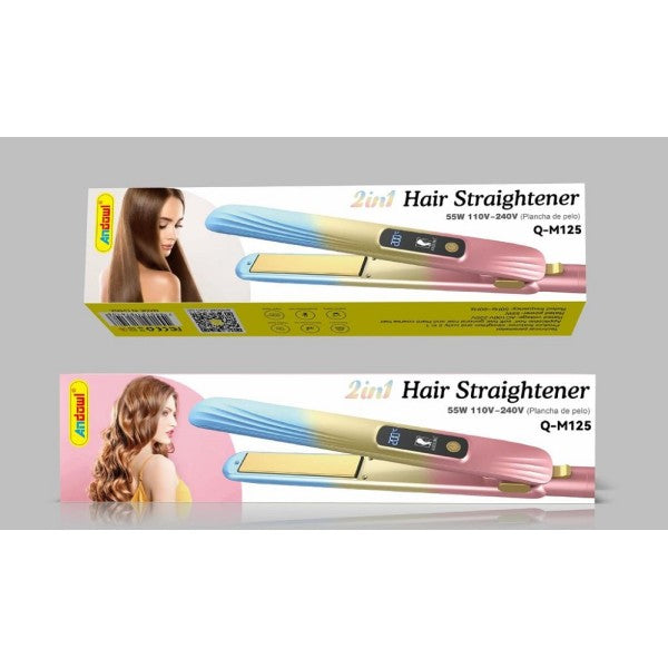 Confezione piastra per capelli 2in1 Q-M125 con illustrazione e specifiche
