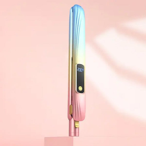 Piastra per capelli 2in1 rosa e blu con tasto giallo e display LCD laterale