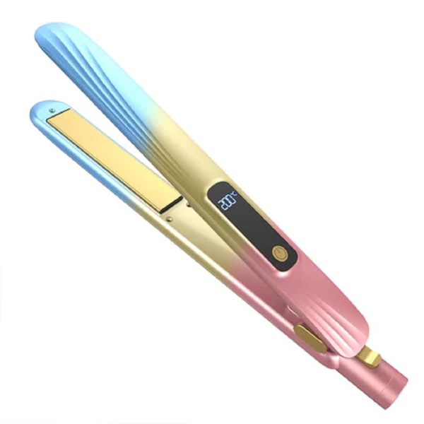 Piastra per capelli 2in1 rosa e blu con piastre color oro e impugnatura
