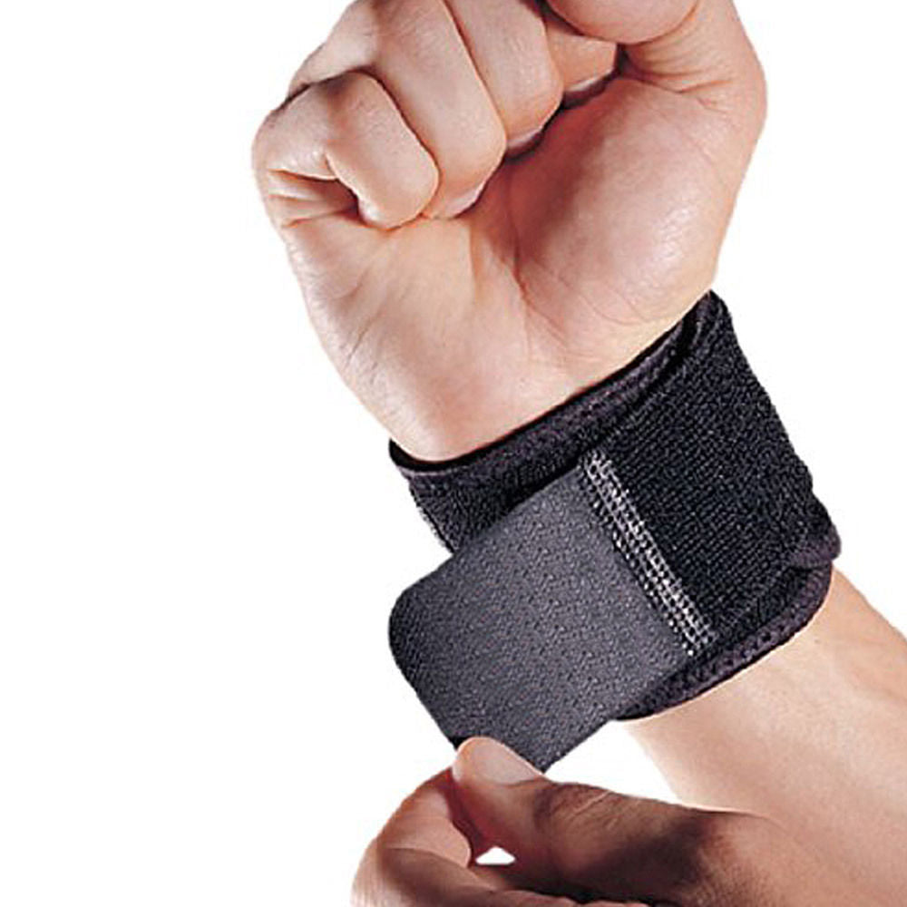 Tutore per polso in tessuto nero con fascia elastica regolabile in velcro.