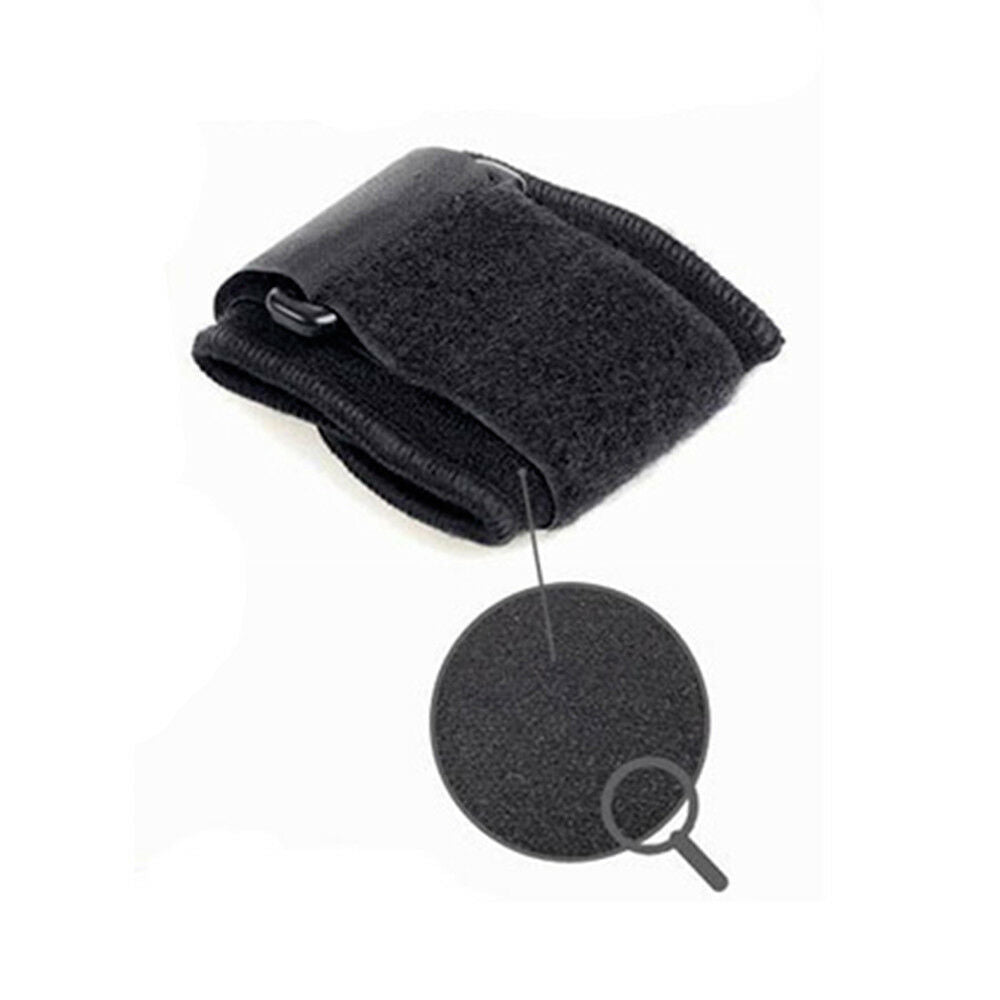 Tutore per polso nero pieghevole con velcro, dettaglio tessuto e cuciture.