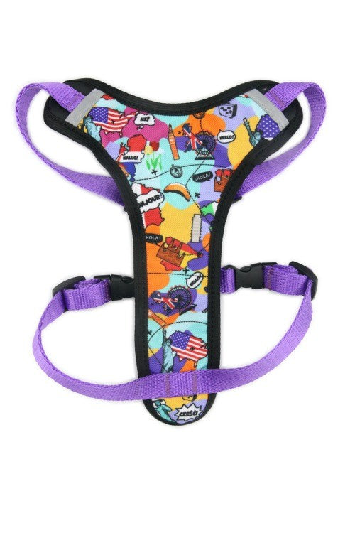 Imbracatura per cani con cinturini viola e pannello centrale fantasia colorata